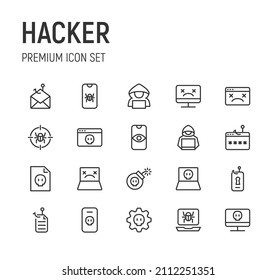 Conjunto de iconos de línea de hacker. Paquete de carteles de moda. Pixel perfecto objetos para interfaz de usuario, aplicaciones y web.
