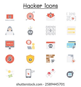 Set of Hacker Related vector icon set. Contains such icon as spy, virus computer, malware, spam, firewall, computer security, password, application, steal and more. in flat color style
