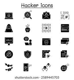 Set of Hacker Related vector icon set. Contains such icon as spy, virus computer, malware, spam, firewall, computer security, password, application, steal and more. in glyph style