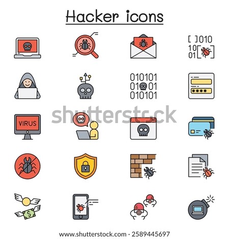 Set of Hacker Related vector icon set. Contains such icon as spy, virus computer, malware, spam, firewall, computer security, password, application, steal and more. in color line style