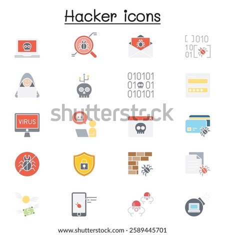 Set of Hacker Related vector icon set. Contains such icon as spy, virus computer, malware, spam, firewall, computer security, password, application, steal and more. in flat color style