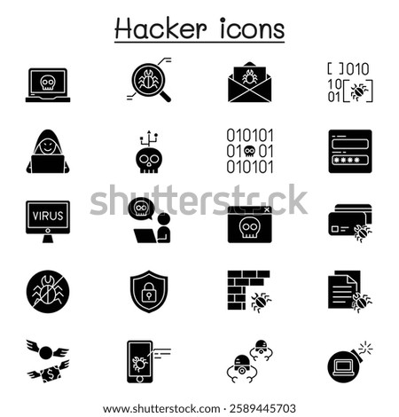 Set of Hacker Related vector icon set. Contains such icon as spy, virus computer, malware, spam, firewall, computer security, password, application, steal and more. in glyph style