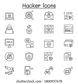 Set of Hacker Related Vector Line Icons. Contains such Icons as spy, virus computer, malware, spam, firewall, computer security, password, application, steal and more.