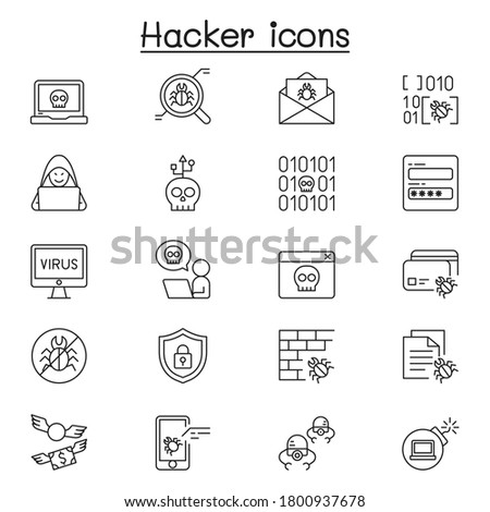 Set of Hacker Related Vector Line Icons. Contains such Icons as spy, virus computer, malware, spam, firewall, computer security, password, application, steal and more.