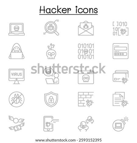 Set of Hacker Related Vector Line icon. Contains such icon as spy, virus computer, malware, spam, firewall, computer security, password, application, steal and more.