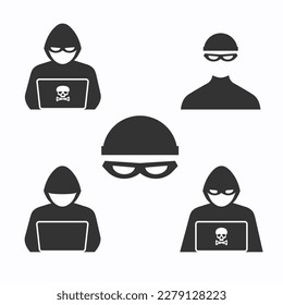 Set of hackers in black hood icon. Cyber criminal at laptop. Process of stealing user personal data. Internet phishing. Hackers attack. Vector illustration isolated on white.