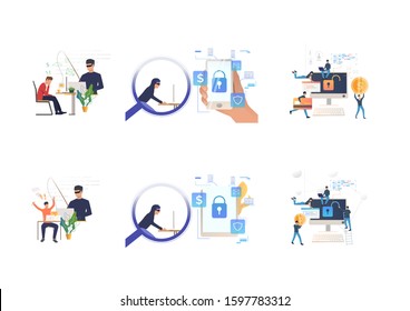 Set of hackers breaking private info. Flat vector illustrations of cyber criminal hacking into digital devices. Hacker attack concept for banner, website design or landing web page