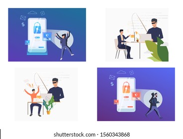 Set of hackers fishing data. Flat vector illustrations of hackers breaking private info. Data protection concept banner, website design or landing web page