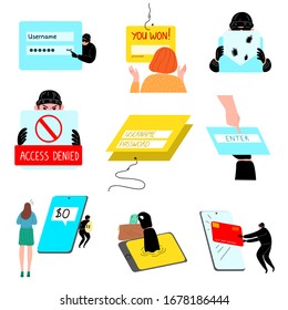 Set of hacking the internet social network concept. Vector illustration in flat cartoon style.