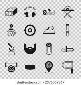 Set Hacksaw, Chainsaw, Chisel tool, Wooden logs, ircular blade, Grapple crane grabbed, beam and plane icon. Vector