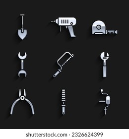 Set Hacksaw, Chisel tool for wood, Hand drill, Adjustable wrench, Pliers, Wrench spanner, Roulette construction and Shovel icon. Vector
