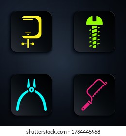 Set Hacksaw, Clamp and screw tool, Pliers tool and Metallic screw. Black square button. Vector