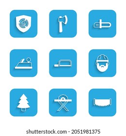 Set Hacksaw, Electric circular, Two-handed, Lumberjack, Christmas tree, Wood plane tool, Chainsaw and Wooden logs icon. Vector