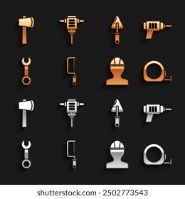 Set Hacksäge, Elektrische Bohrmaschine, Roulettebau, Arbeiter Schutzhelm, Schlüsselschlüssel, Kelle, Holzax und Drehhammer Symbol. Vektorgrafik