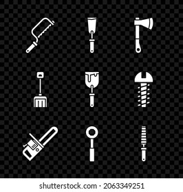 Set Hacksaw, Putty knife, Wooden axe, Chainsaw, Wrench spanner, Chisel tool for wood, Snow shovel and  icon. Vector