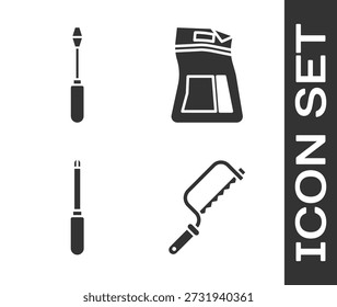 Conjunto de sierra de arco, destornillador, destornillador e icono de bolsa de cemento. Vector
