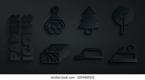 Set Hacksaw, Tree, Wooden beam, plane tool, Christmas tree and Grapple crane grabbed log icon. Vector