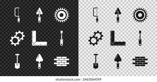 Set Hacksaw, Trowel, Circular blade, Shovel, Bricks, Gear and Corner ruler icon. Vector