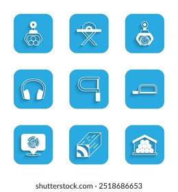 Set Hacksaw, Wooden beam, logs, Headphones, Grapple crane grabbed and  icon. Vector