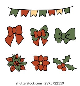 Set of had drawn doodle flat colorful hanging flag ribbons ,bow , and flower , green red and yellow color isolate on white ,Christmas ,birthday celebration design elements for cards , invitation