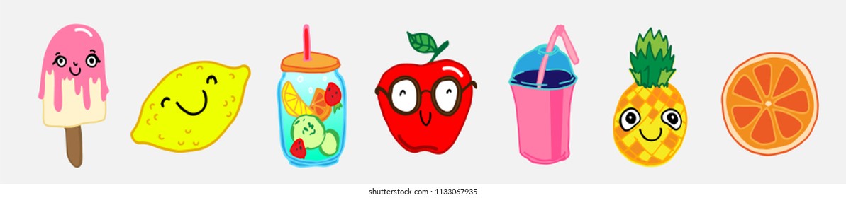 Set of haddrawn vector illustrations about summer. Unique design for cards, posters, t-shirts