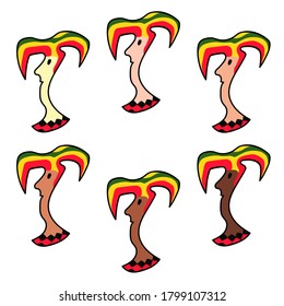 A set of hads of clowns of different skin colors in holiday striped hats. 