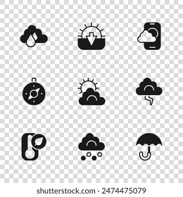 Set Hail cloud, Cloud and lightning, Umbrella, Sun weather, Weather forecast app, with rain, Sunset and Compass icon. Vector