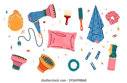 Set of hair accessorise of barbershop. Illustration of silk pillowcase, silk towel, satin hair band. Turban for hair care in the bathroom. Hair dryer, clips and comb. Curly girl method. Vector. 