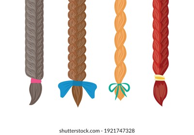 A set of hair braids with ribbon bows. Long female fashion plaits various colors. Flat cartoon vector illustration isolated on white background.