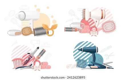 Set of hair brush for hair care plastic fashion comb vector illustration on white background