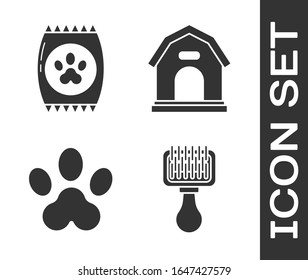 Set Hair brush for dog and cat, Bag of food for pet, Paw print and Dog house icon. Vector