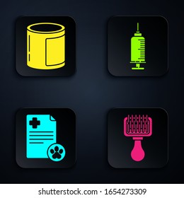 Set Hair brush for dog and cat, Canned food, Clipboard with medical clinical record pet and Syringe with pet vaccine. Black square button. Vector