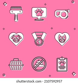 Set Hair brush for dog and cat, Location veterinary hospital, Retractable cord leash, Heart with, Dog award symbol, Pet carry case and No shit icon. Vector