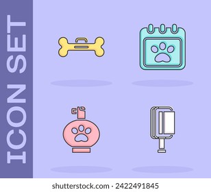 Set Hair brush for dog and cat, Dog bone, Pet shampoo and Calendar grooming icon. Vector