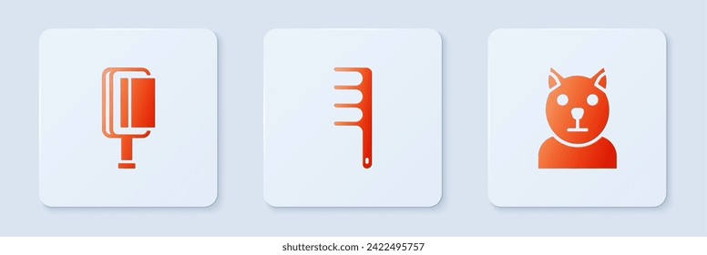 Set Hair brush for dog and cat,  and Cat. White square button. Vector