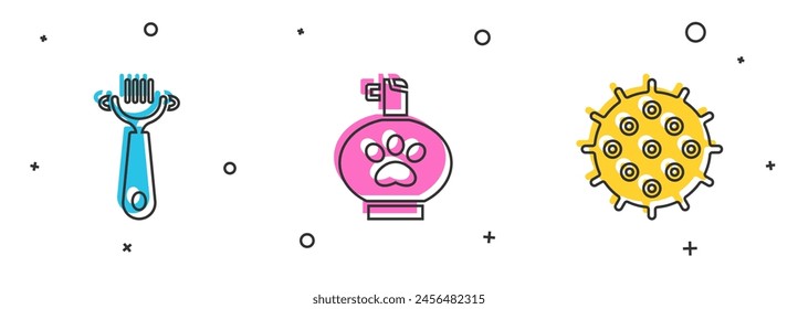 Set Cepillo de pelo para perro y gato, Champú para mascotas e icono de pelota de tenis. Vector