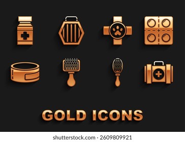 Set Hair brush for dog and cat, Dog pills, Pet first aid kit, Canned food, Veterinary clinic symbol, medicine bottle and carry case icon. Vector
