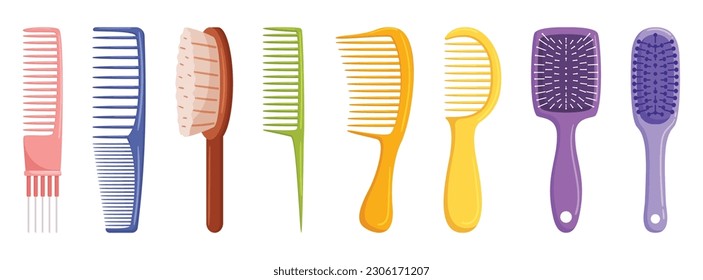 Set Of Hair Brushes Includes Various Sizes And Types Of Brushes To Meet All Hair Styling Needs. Ideal For Detangling, Smoothing, Curling, And Adding Volume To Hair. Cartoon Vector illustration