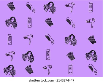 Conjunto de artículos para el cuidado del pelo, vector. Elementos de la lista de estilos en un fondo morado. Dibujo para impresión y embalaje.