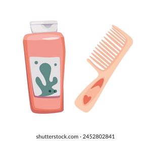 Set de productos para el cuidado del cabello. Pegatinas hechas a mano con peine y botella de producto cosmético. Icono con champú o bálsamo para higiene personal. Ilustraciones vectoriales planas de dibujos animados aisladas sobre fondo blanco