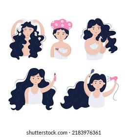 Set of hair care routine. A woman washes her hair, takes care of her hair, dries . The concept of hair care and self-love