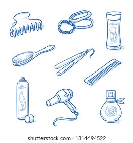 Set of hair care and hair styling objects: comb, brush, hair dryer, straightening iron, spray, shampoo, clip and perfume. Hand drawn blue line art cartoon vector illustration. 