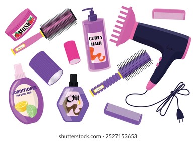 Conjunto de productos para el cuidado del cabello y el peinado en un estilo de dibujos animados. Hermosa Ilustración vectorial: máscara, acondicionador, aceite, para el cabello rizado, secador de pelo, rizadores, peines, cepillado aislado sobre un fondo blanco.