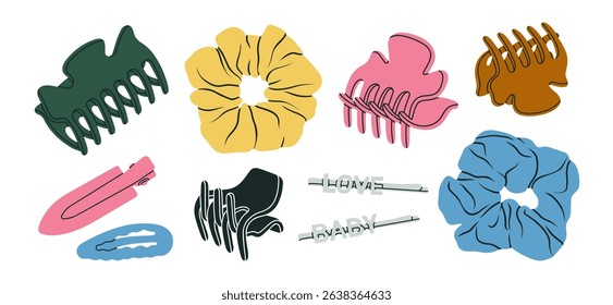 Conjunto de grampos de garra de cabelo, arranhões e alfinetes. Ideal para blogs de moda, embalagem de produtos, lojas on-line, guias de penteado e marca comercial. Ilustração vetorial, design colorido.