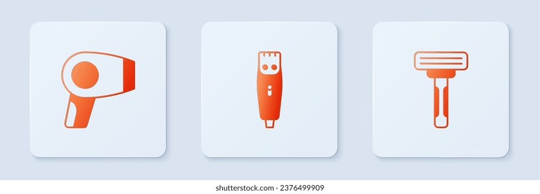 Set Hair clipper, dryer and Shaving razor. White square button. Vector