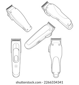 Set of hair clipper machine line art style. Hairdresser professional tool. Vector line art illustration isolated for coloring book. 

