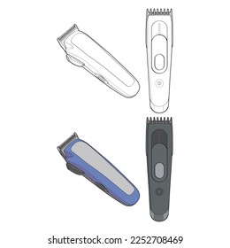 conjunto de estilo de arte vectorial de la máquina de peinado de pelo. Herramienta profesional de peluquería. Ilustración vectorial aislada para libro de colorear. 

