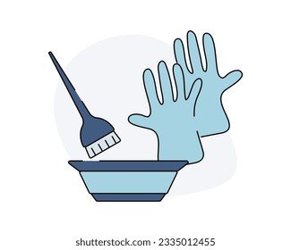 Set for hair coloring. Brush, gloves and bowl. Equipment for painting Hairdressing salon. Cosmetic product for hair. Color image with outline. Vector illustration.