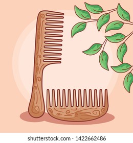 set of hair combs wooden with leafs