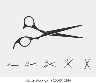 Set hair cut scissor icon. Scissors vector design element or logo template. Black and white silhouette isolated.